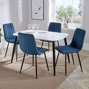 Arta Dining Table In White With 4 Blue Straight Chairs - UK
