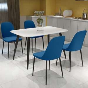 Arta Dining Table In White With 4 Curve Blue Chairs - UK