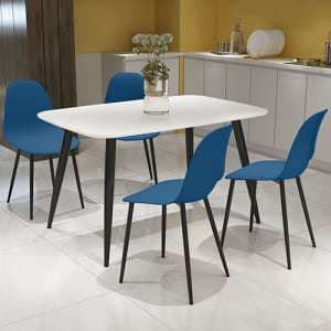 Arta Dining Table In White With 4 Duo Blue Chairs - UK