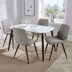 Arta Dining Table In White With 4 Light Grey Diamond Chairs - UK