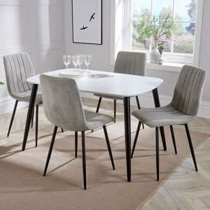Arta Dining Table In White With 4 Light Grey Straight Chairs - UK