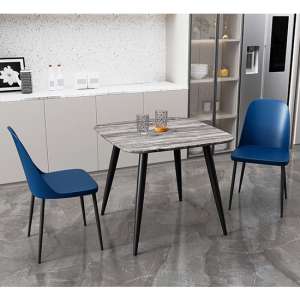 Arta Square Grey Oak Dining Table With 2 Curve Blue Chairs - UK