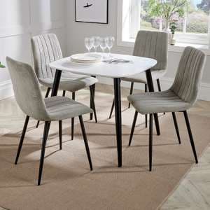Arta Square Grey Oak Dining Table With 4 Curve White Chairs - UK