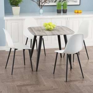 Arta Square Grey Oak Dining Table With 4 Duo White Chairs - UK