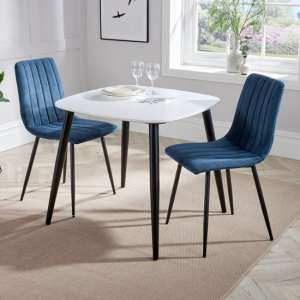 Arta Square White Dining Table And 2 Blue Straight Chairs - UK