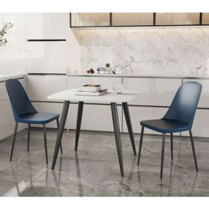 Arta Square White Dining Table With 2 Curve Blue Chairs - UK