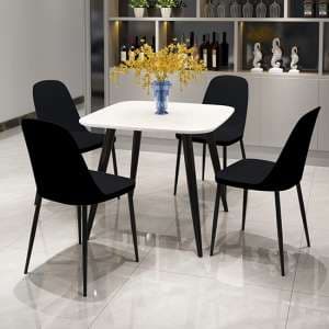 Arta Square White Dining Table With 4 Curve Black Chairs - UK