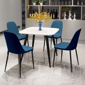 Arta Square White Dining Table With 4 Curve Blue Chairs - UK