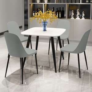Arta Square White Dining Table With 4 Curve Grey Chairs - UK