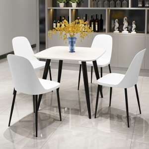 Arta Square White Dining Table With 4 Curve White Chairs - UK