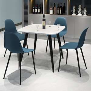 Arta Square White Dining Table With 4 Duo Blue Chairs - UK