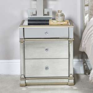 Asbury Mirrored Bedside Cabinet With 3 Drawers In Champagne - UK