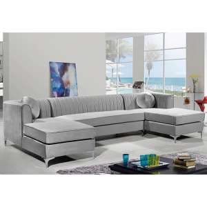 Asbury U-Shape Plush Velvet Corner Sofa In Silver