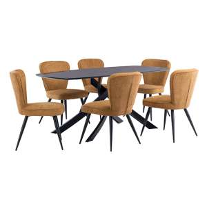 Asher Marble Effect Glass Dining Table 6 Finn Mustard Chairs
