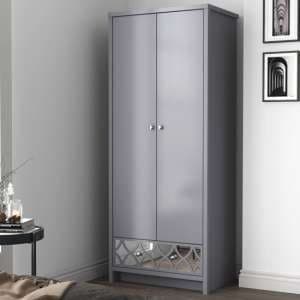 Asmara Wooden Wardrobe 2 Door 1 Mirrored Drawer In Cool Grey - UK