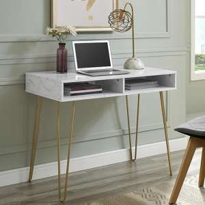 Aynho Wooden Computer Desk In White Marble Effect