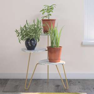 Athens Wooden Plant Stand In White Marble Effect