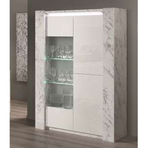 Attoria LED 2 Door Wooden Display Cabinet White Marble Effect