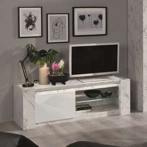 Attoria Wooden TV Stand In White Marble Effect With LED Lights - UK