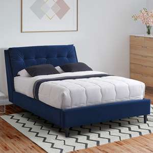 Ava Velvet Upholstered Double Bed In Blue