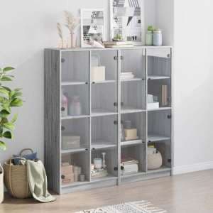 Avila Wooden Bookcase With 8 Glass Doors In Grey Sonoma Oak - UK