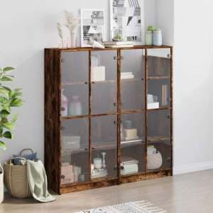 Avila Wooden Bookcase With 8 Glass Doors In Smoked Oak - UK