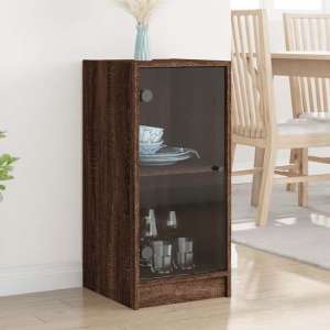Avila Wooden Side Cabinet With 1 Glass Door In Brown Oak - UK