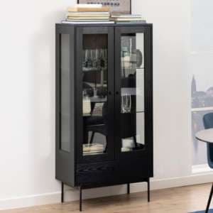 Avilo 2 Glass Doors And 1 Drawer Display Cabinet In Ash Black