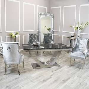 Avon Black Marble Dining Table With 6 Dessel Pewter Chairs - UK