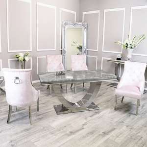 Avon Light Grey Marble Dining Table 6 Dessel Pink Chairs - UK