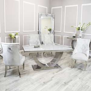 Avon White Glass Dining Table With 4 Dessel Light Grey Chairs