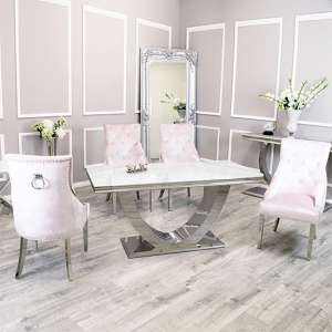 Avon White Glass Dining Table With 4 Dessel Pink Chairs