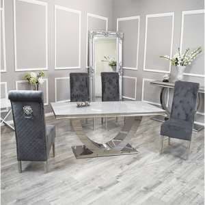 Avon White Glass Dining Table With 6 Elmira Dark Grey Chairs
