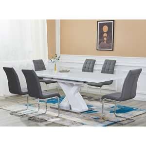 Axara Large Extending White Dining Table 6 Paris Grey Chairs
