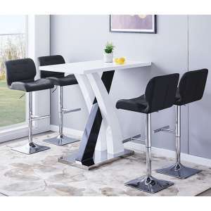 Axara High Gloss Bar Table In White Black 4 Candid Black Stools