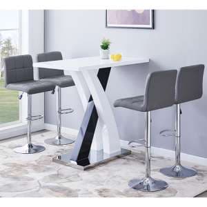 Axara High Gloss Bar Table In White Black 4 Coco Grey Stools