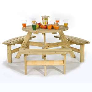 Balint Timber Picnic Table Round With Benches In Green Pine
