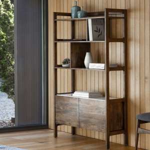 Barcela Wooden Shelving Unit With White Marble Shelf In Walnut