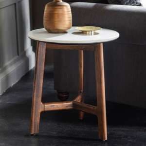 Barcela Wooden Side Table With White Marble Top In Walnut - UK