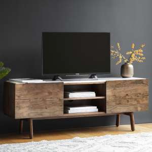 Barcela Wooden TV Stand With White Marble Top In Walnut - UK