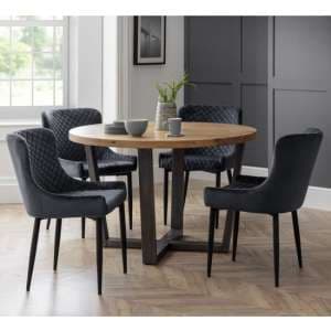 Barras Round Dining Table In Oak With 4 Lakia Grey Chairs