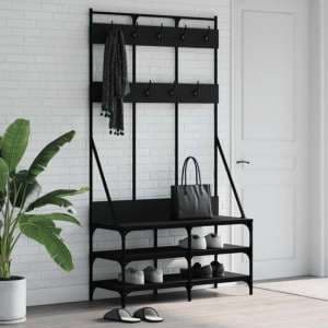Barrie Wooden Clothes Rack With Shoe Storage In Black - UK