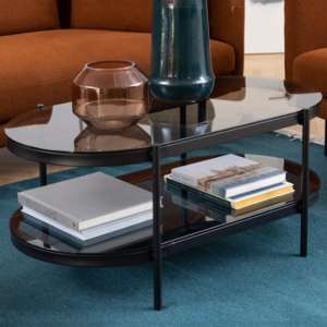 Baryon Smoked Glass Coffee Table Oval With Black Metal Frame - UK