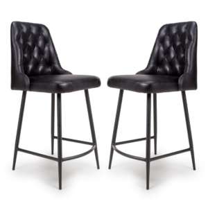 Basel Black Genuine Buffalo Leather Counter Bar Chairs In Pair