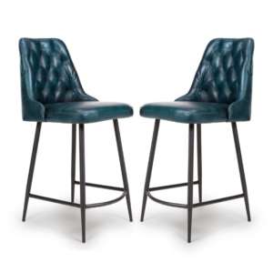 Basel Blue Genuine Buffalo Leather Counter Bar Chairs In Pair
