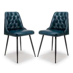 Basel Blue Genuine Buffalo Leather Dining Chairs In Pair - UK