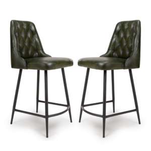Basel Green Genuine Buffalo Leather Counter Bar Chairs In Pair