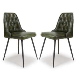 Basel Green Genuine Buffalo Leather Dining Chairs In Pair - UK