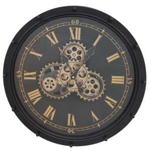 Basel Metal Wall Clock In Black With Gold Gears - UK