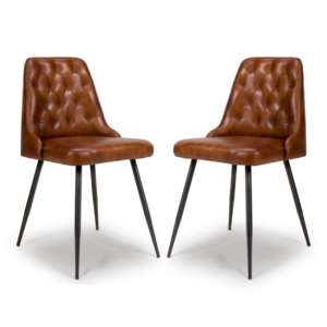 Basel Tan Genuine Buffalo Leather Dining Chairs In Pair - UK